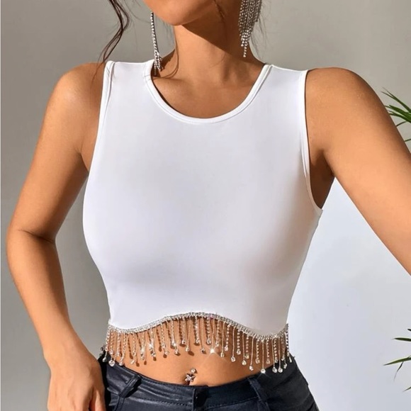 Pink / black / white Rhinestone Fringe Hem Tank Top - Picture 4 of 13